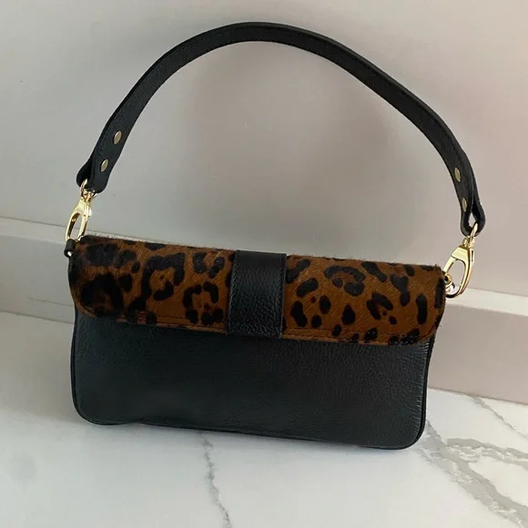 🆕 DIVINA FIRENZE 🇮🇹 Black Leather Leopard Fur Flap Shoulder/Crossbody Bag - Picture 7 of 15